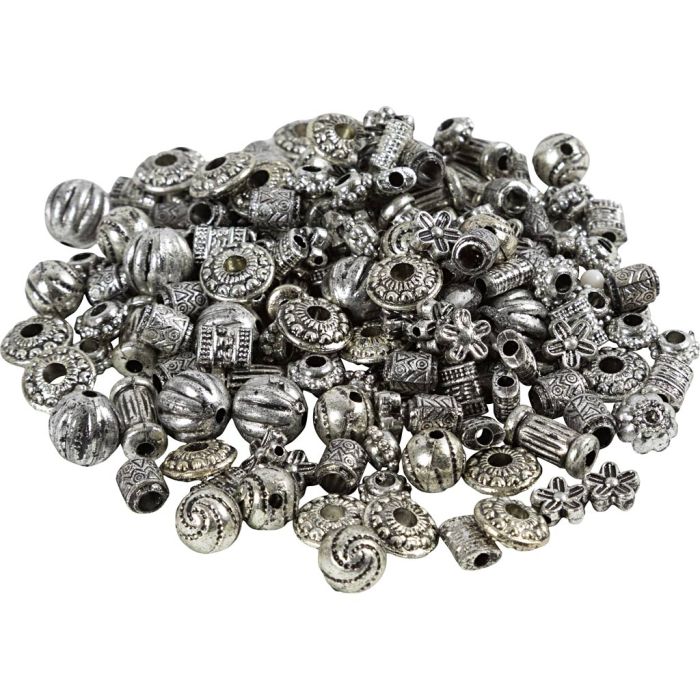Variedad de abalorios, dia 3-20 mm, medida agujero 1,5-3 mm, plata, 50 gr/ 1 paquete