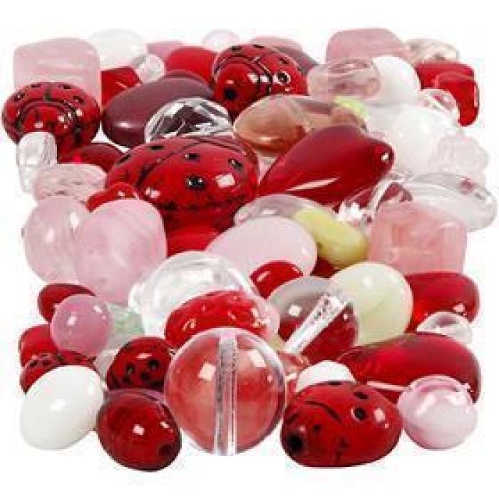 Cuentas de vidrio, Mariquitas, hojas, corazones, medidas 5-22 mm, medida agujero 0,5-1,5 mm, surtido de colores, 60 gr/ 1 paquete