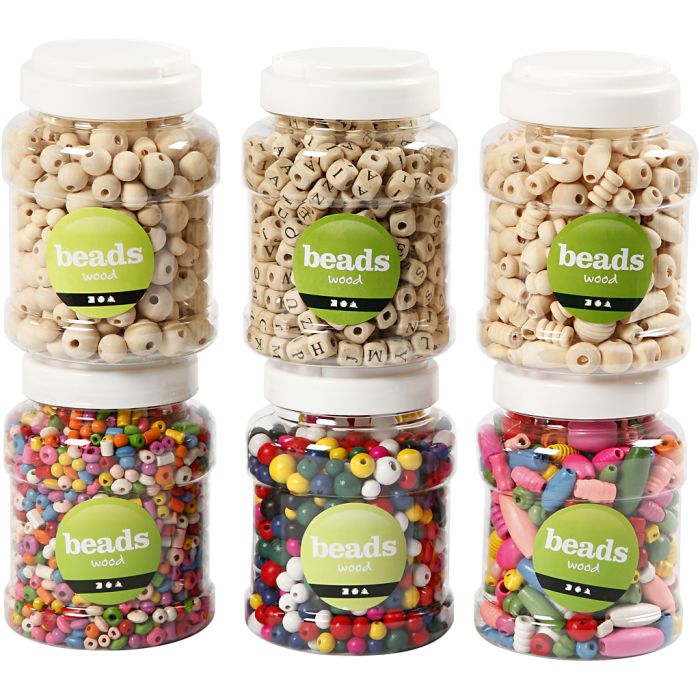 Cuentas de madera, dia 5-25 mm, 6x200 gr, 6x400 ml/ 1 paquete