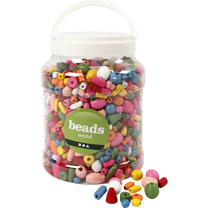 Cuentas de madera, dia 5-28 mm, medida agujero 2,5-3 mm, surtido de colores, 800 gr, 2 l/ 1 cubo