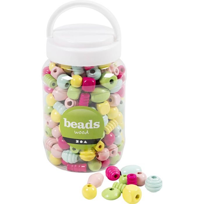 Cuentas de madera, dia 10-15 mm, medida agujero 3-5 mm, azul claro, verde claro, rojo claro, amarillo claro, 200 gr/ 1 cubo