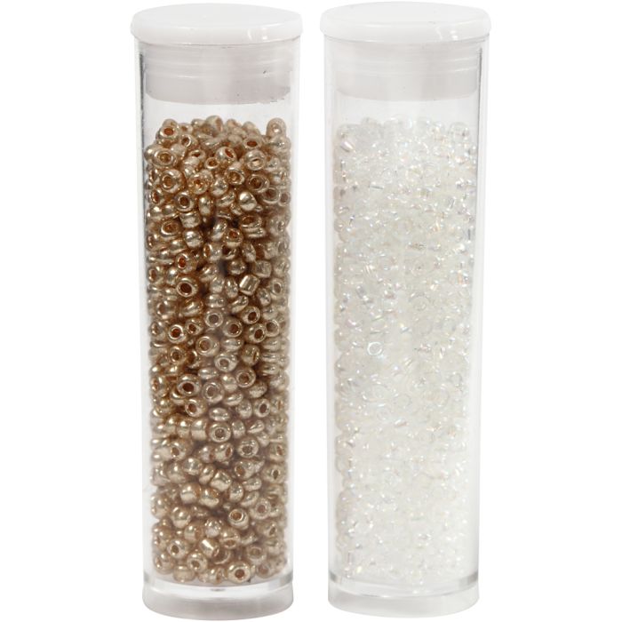 Cuentas de semillas de Rocaille, dia 1,7 mm, medidas 15/0, medida agujero 0,5-0,8 mm, blanco, 2x7 gr/ 1 paquete