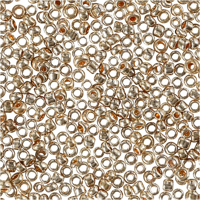 Cuentas de semillas de Rocaille, dia 1,7 mm, medidas 15/0, medida agujero 0,5-0,8 mm, dorado rosado, 25 gr/ 1 paquete