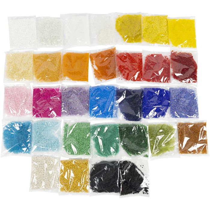 Cuentas de semillas de Rocaille, dia 1,7+3+4 mm, medidas 6/0+8/0+12/0, medida agujero 0,5-1,2 mm, colores puede variar , 32x100 gr/ 1 paquete