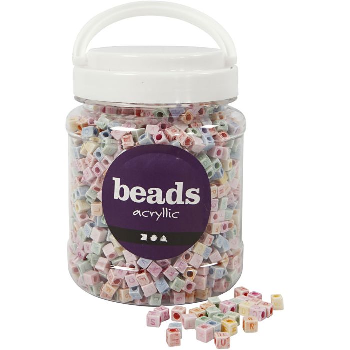 Cuentas de letras, medidas 6x6 mm, medida agujero 3 mm, ca. 2300 ud, 500 gr, 700 ml/ 1 bote