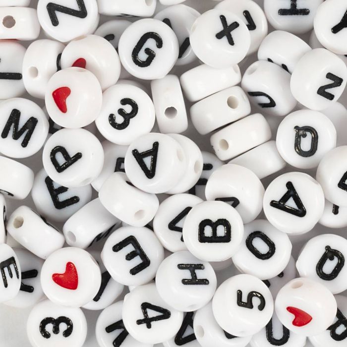 Cuentas con letra, medidas 7 mm, medida agujero 1,2 mm, ca. 200 ud, blanco, 25 gr/ 1 paquete