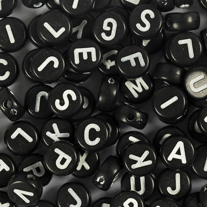 Cuentas con letra, A-Ø, dia 7 mm, medida agujero 1,2 mm, negro, 165 gr/ 1 paquete