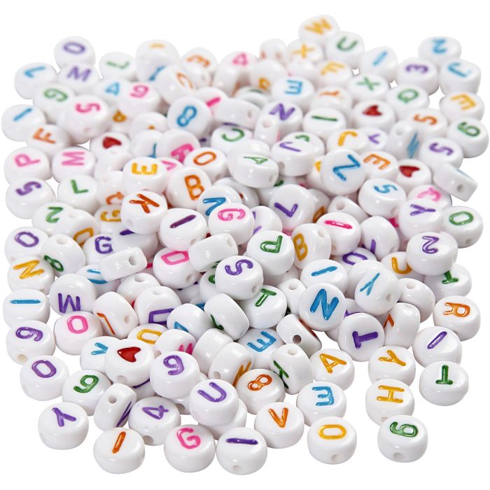 Cuentas con letra, medidas 7 mm, medida agujero 1,2 mm, ca. 1500 ud, blanco, 200 gr/ 1 paquete
