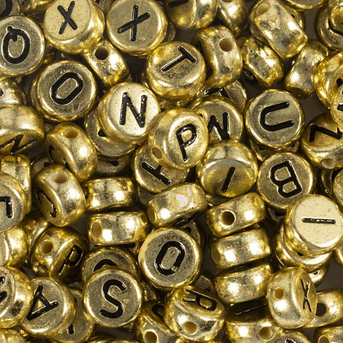 Cuentas de letras y números, dia 7 mm, medida agujero 1,2 mm, ca. 200 ud, dorado, 21 gr/ 1 paquete