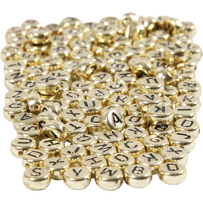 Cuentas de letras y números, dia 7 mm, medida agujero 1 mm, ca. 1500 ud, dorado, 165 gr/ 1 paquete