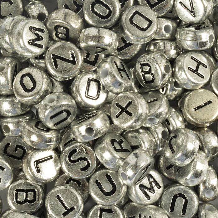 Cuentas de letras y números, dia 7 mm, medida agujero 1,2 mm, ca. 200 ud, plata, 21 gr/ 1 paquete