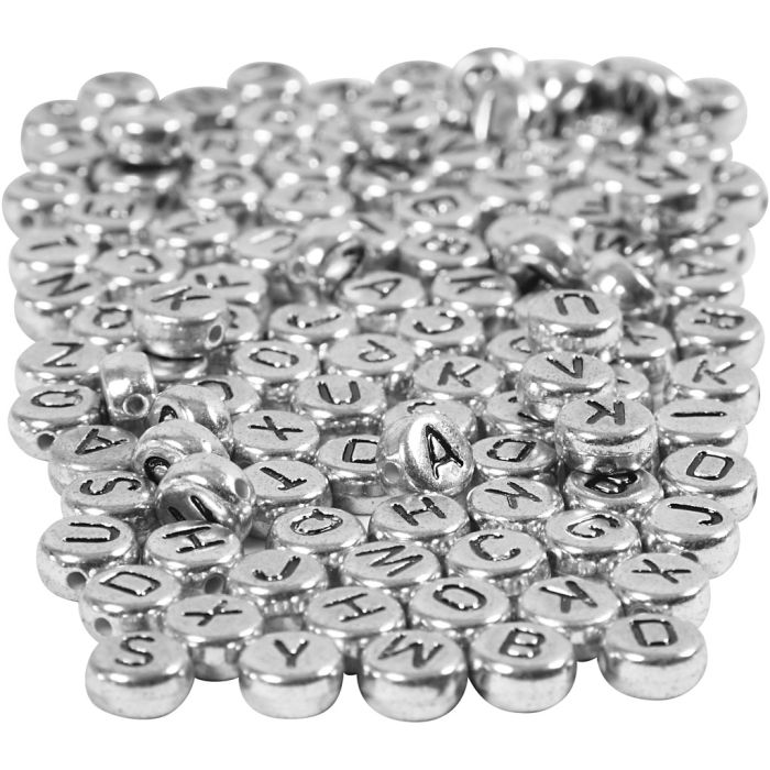 Cuentas de letras y números, dia 7 mm, medida agujero 1,2 mm, ca. 1500 ud, plata, 165 gr/ 1 paquete