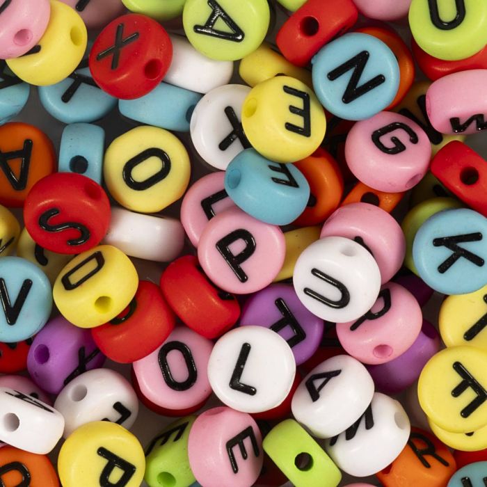 Cuentas de letras redondas, dia 7 mm, medida agujero 1-2 mm, ca. 200 ud, surtido de colores, 25 gr/ 1 paquete