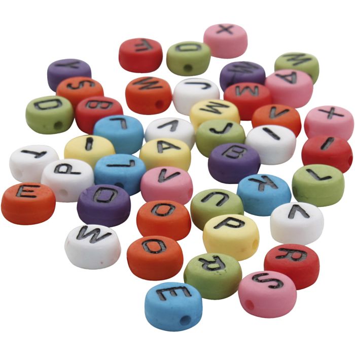 Cuentas de letras redondas, dia 7 mm, medida agujero 1-2 mm, grosor 4 mm, surtido de colores, 500 gr/ 1 paquete