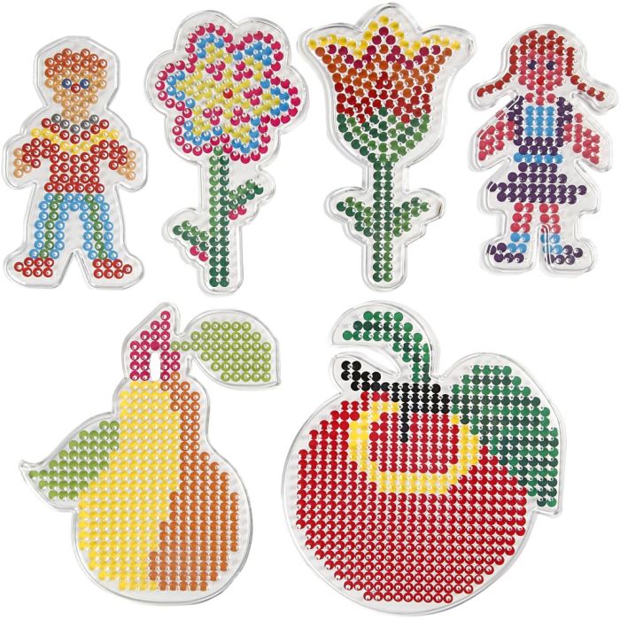 Placa de clavijas, flores, chica, chico, manzana y pera, medidas 8,5x14-14x16 cm, medium, 6 ud/ 1 paquete