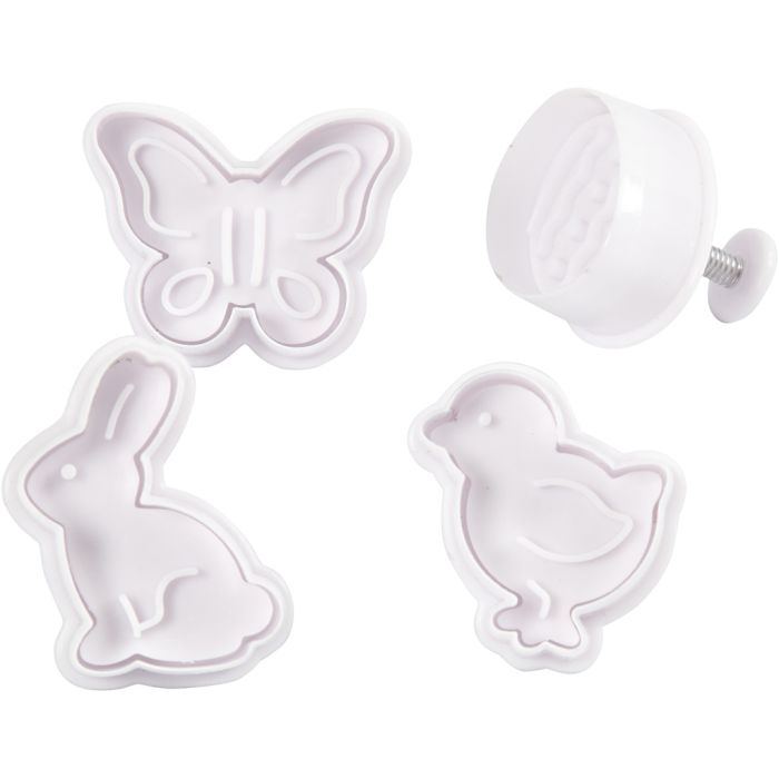 Cortador de galletas con sello, Huevos de Pascua, liebre, pollo, mariposa, A: 5 cm, blanco, 4 ud/ 1 paquete