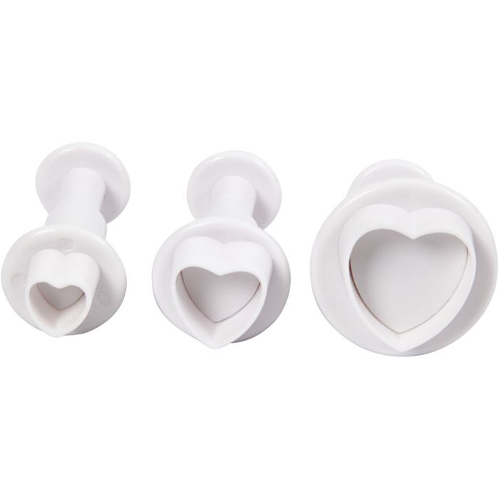 Cortador de galletas con sello, Corazón, dia 2+2,3+3 cm, blanco, 3 ud/ 1 paquete