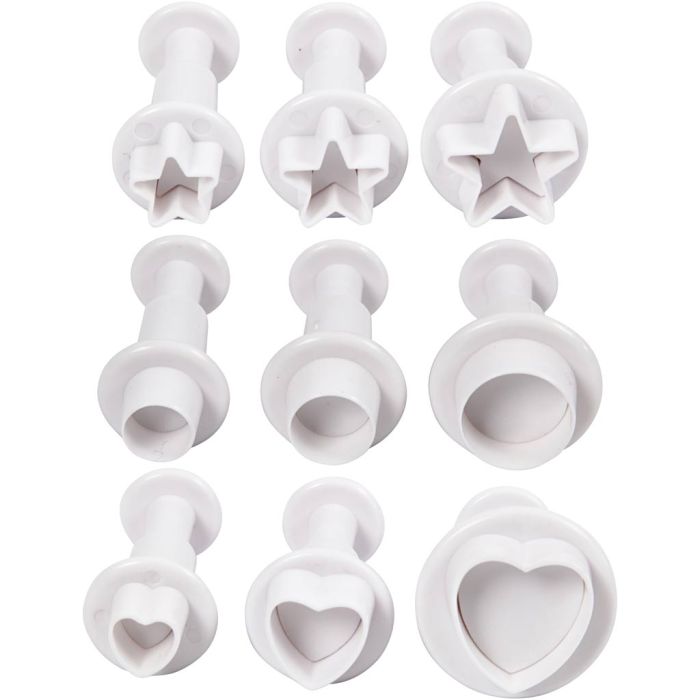 Cortador de galletas con sello, estrella, círculo, corazón, dia 1,1-3, blanco, 9 ud/ 1 paquete