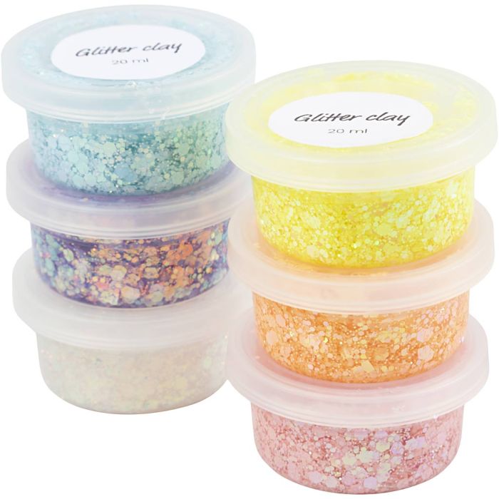 Glitter Clay, colores pastel, 6x20 gr/ 1 paquete
