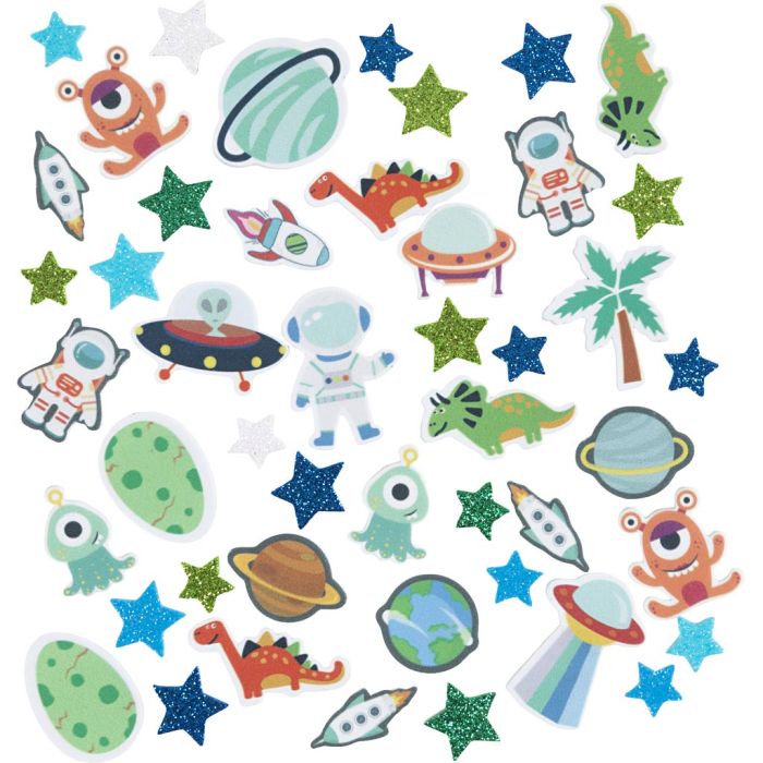 Pegatinas de goma eva, Estrella, OVNI, dinosaurio, con adhesivo, medidas 13-40 mm, azul/gris harmonía, 150 ud/ 1 paquete