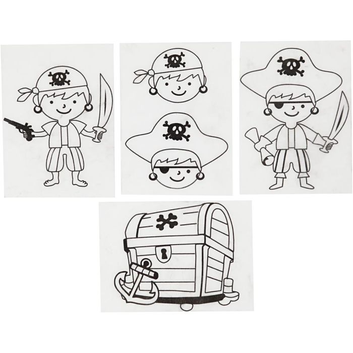 Láminas de plástico retráctil con motivos, Piratas, hoja 10,5x14,5 cm, grosor 0,3 mm, mate transparente, 4 hoja/ 1 paquete