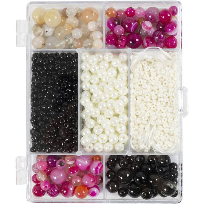 Mix Creativo Joyas, Ágatas, medidas 2,6-10 mm, medida agujero 0,8-1,8 mm, ca. 2740 ud, beige, negro, rosa, blanco perla, 1 paquete