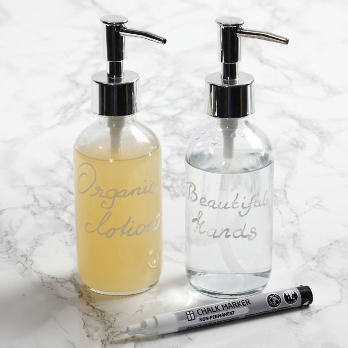 A soap dispenser decorated with a Chalk Markers