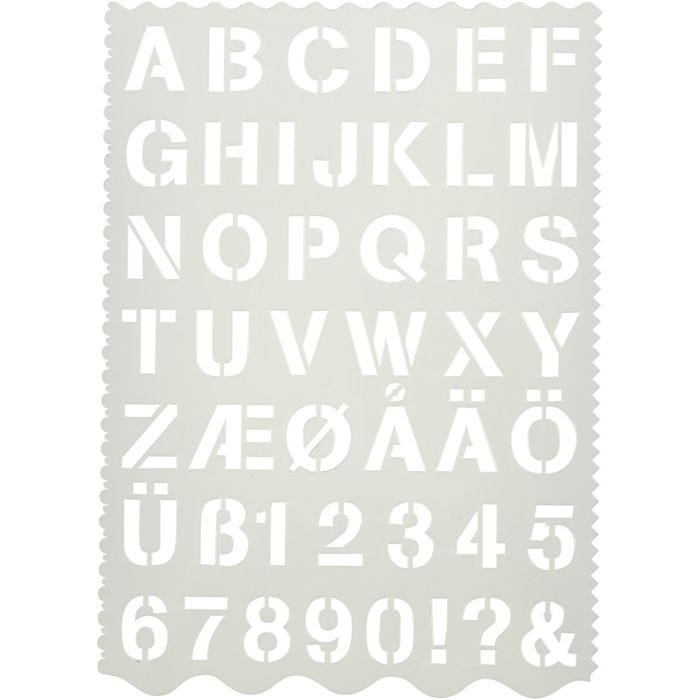Plantilla de formas, Letras y números, A: 25 mm, hoja 21x29 cm, 1 ud