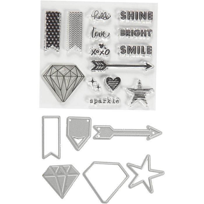 Sellos transparentes, grabado en relieve y troqueles, Palabras y señales, medidas 1,5-6 cm, 1 paquete