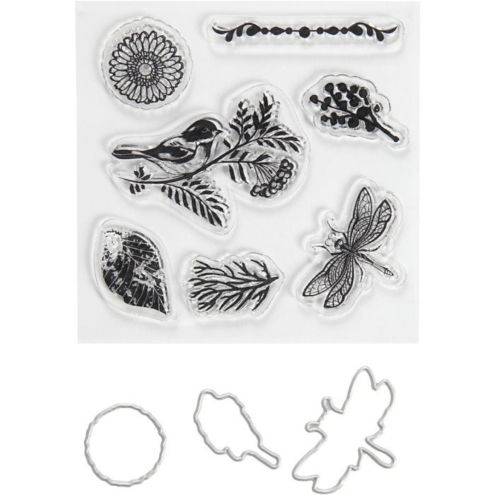 Sellos transparentes, grabado en relieve y troqueles, Animales y hojas, medidas 2,5-6 cm, 1 paquete