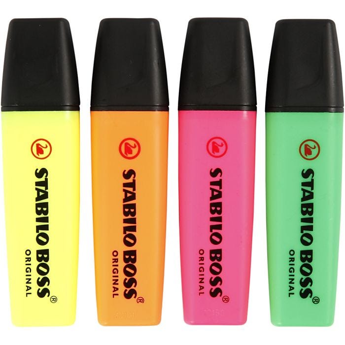 Marcadores fluorescentes, verde neón, naranja neón, rosa neón, amarillo neón, 4 ud/ 1 paquete