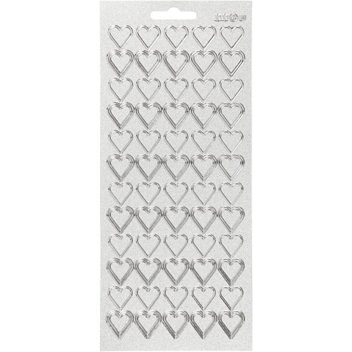Pegatinas, Corazones, hoja 10x23 cm, plata, 1 hoja