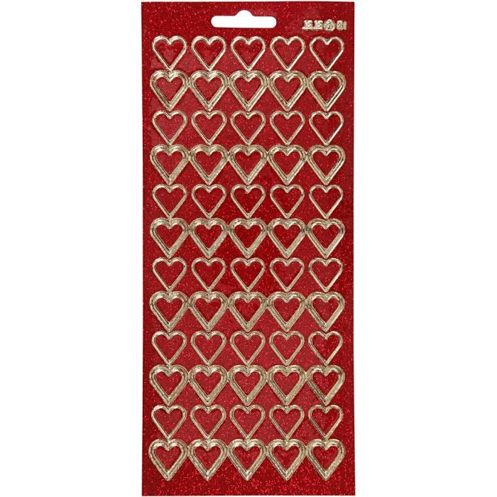 Pegatinas, Corazones, hoja 10x23 cm, dorado, rojo purpurina, 1 hoja