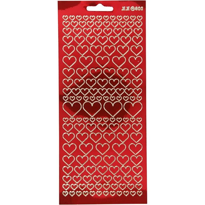 Pegatinas, Corazones, hoja 10x23 cm, rojo transparente, 1 hoja