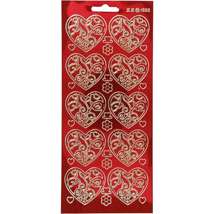 Pegatinas, Corazones, hoja 10x23 cm, dorado, rojo transparente, 1 hoja