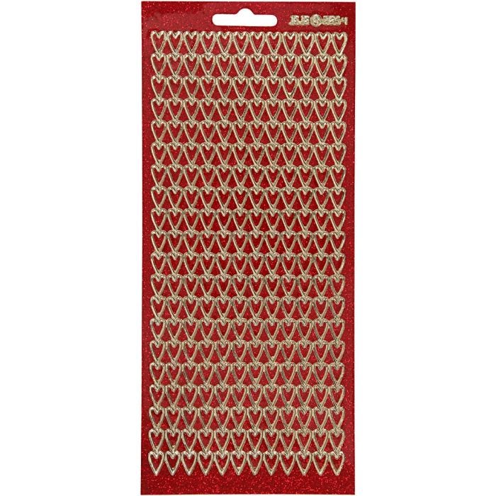 Pegatinas, Corazones, hoja 10x23 cm, dorado, rojo purpurina, 1 hoja