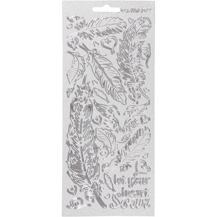 Pegatinas, Plumas, hoja 10x23 cm, plata, 1 hoja