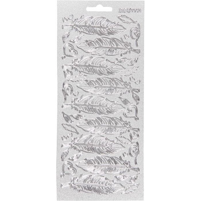 Pegatinas, Plumas, hoja 10x23 cm, plata, 1 hoja