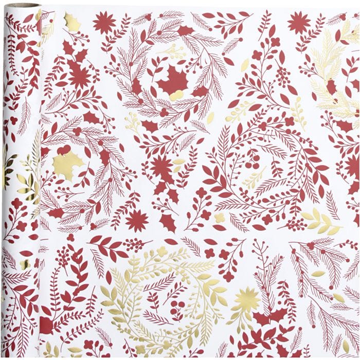 Papel de regalo, Christmas trees, A: 50 cm, 80 gr, dorado, rojo, blanco, 3 m/ 1 rollo