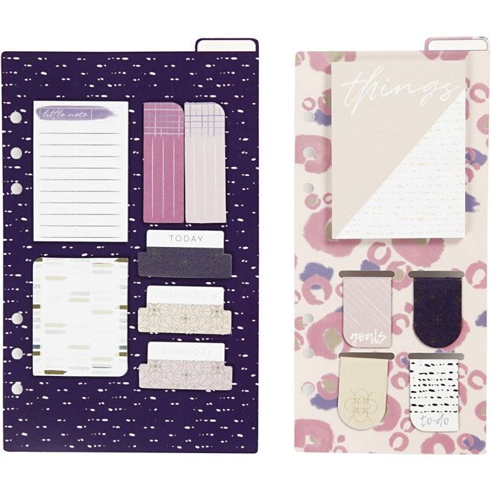 Surtido de post-it y puntos de libro, medidas 10,3x22 + 13,8x22 cm, dorado, morado, rosado, 2 hoja/ 1 paquete