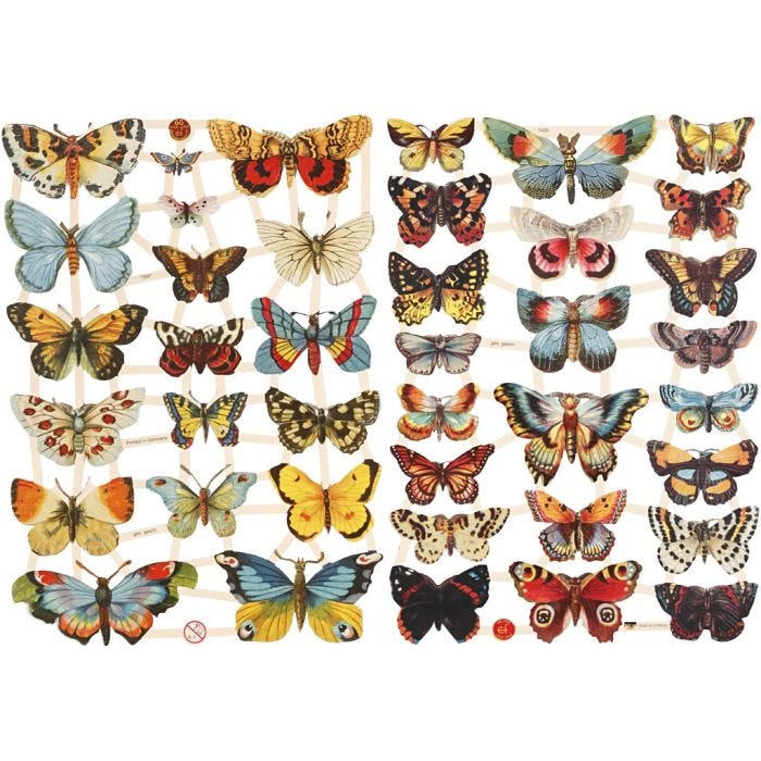 Cromos Vintage, mariposas, hoja 16,5x23,5 cm, 2 hoja/ 1 paquete