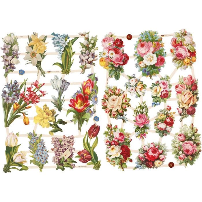 Cromos Vintage, flores de primavera, hoja 16,5x23,5 cm, 2 hoja/ 1 paquete
