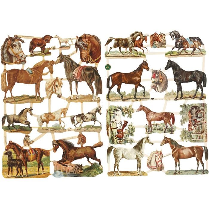 Cromos Vintage, caballos, hoja 16,5x23,5 cm, 2 hoja/ 1 paquete