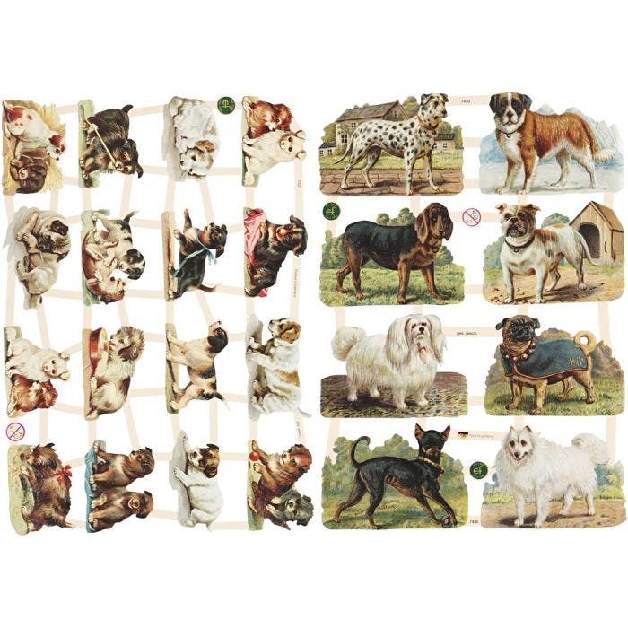 Cromos Vintage, perros, hoja 16,5x23,5 cm, 2 hoja/ 1 paquete