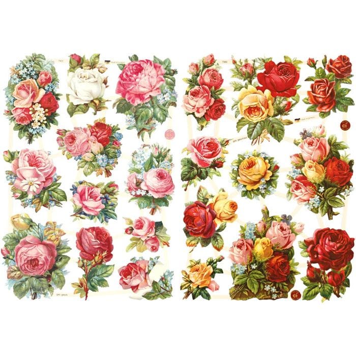 Cromos Vintage, surtido de rosas, hoja 16,5x23,5 cm, 2 hoja/ 1 paquete
