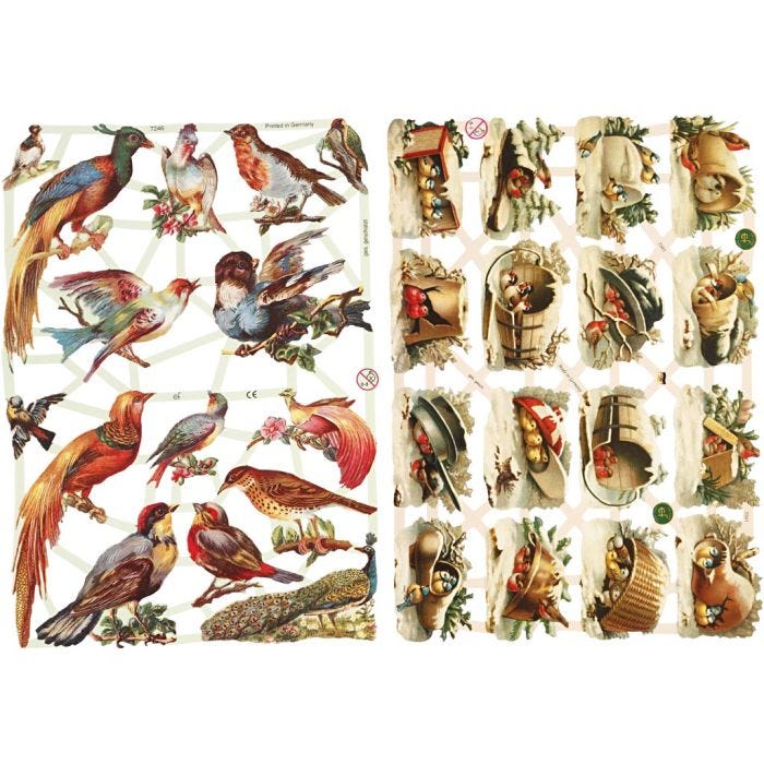 Cromos Vintage, pájaros, hoja 16,5x23,5 cm, 2 hoja/ 1 paquete
