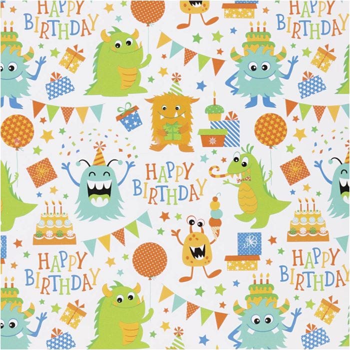 Papel de regalo, Cumpleaños, A: 50 cm, 80 gr, colores felices, 100 m/ 1 rollo