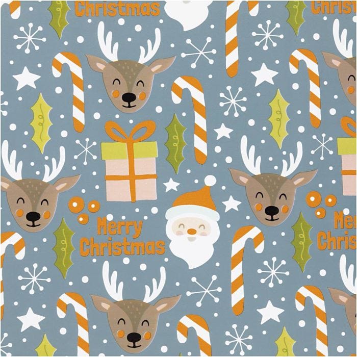 Papel de regalo, Papá Noel, regalo de Navidad, piruleta, reno, A: 50 cm, 80 gr, gris, 100 m/ 1 rollo