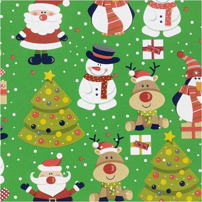 Papel de regalo, Papá Noel, árbol de Navidad, regalo de Navidad, reno, muñeco de nieve y pingüino, A: 50 cm, 80 gr, verde, 100 m/ 1 rollo