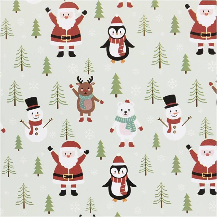 Papel de regalo, Papá Noel, muñeco de nieve, reno, oso polar y pingüino, A: 50 cm, 80 gr, azul helado, 100 m/ 1 rollo